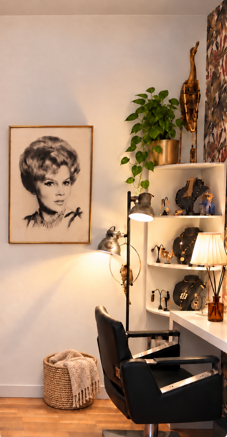 Le fauteuil de coiffage, le portrait vintage et le panier avec son plaid beige