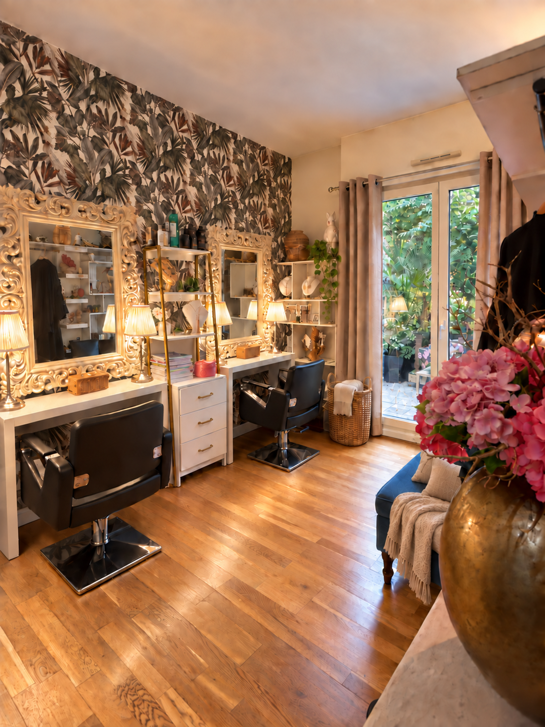 Les espaces de coiffage chaleureux du salon privé