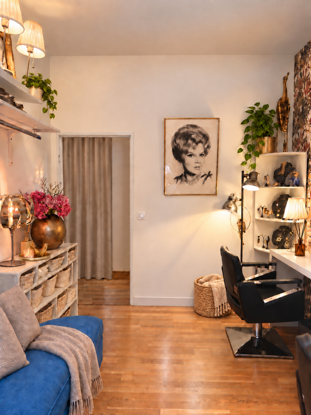 Vue d’ensemble chaleureuse du salon privé, avec le panier et son plaid près du fauteuil
